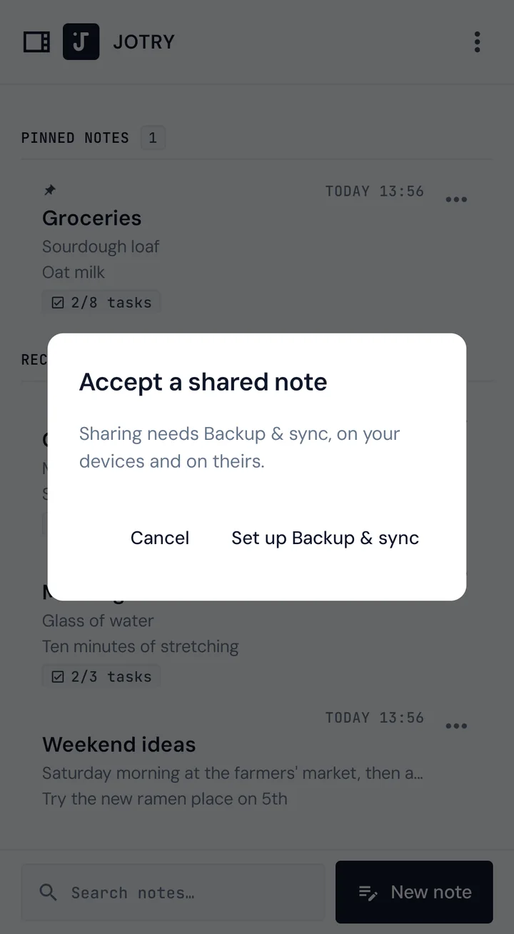 Accept a shared note: sharing needs Backup & sync on your devices and theirs