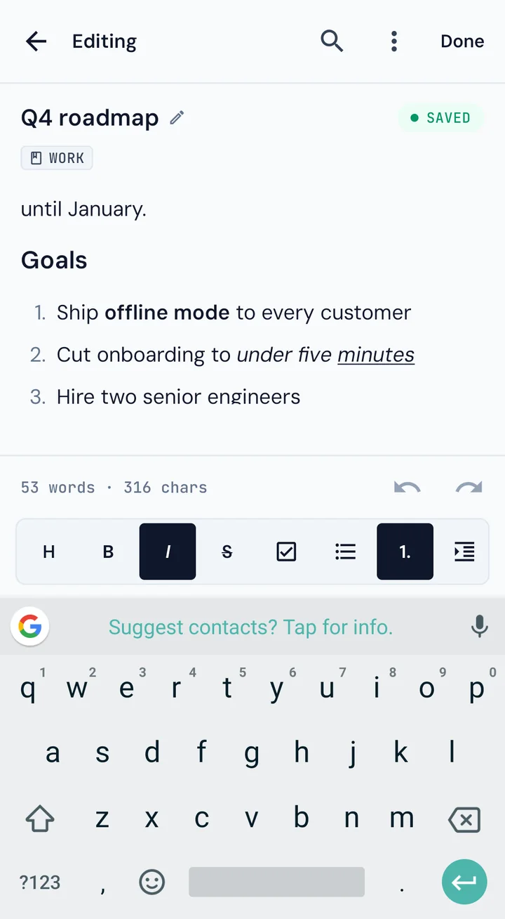 Editing the Q4 roadmap note, with the formatting toolbar above the keyboard