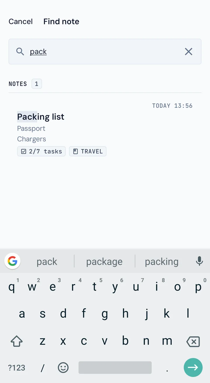 Find note: typing pack finds the Packing list note