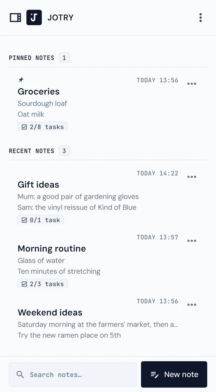 Jotry's home screen with pinned and recent notes