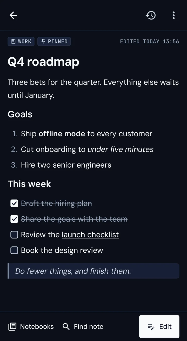 A note in the dark theme
