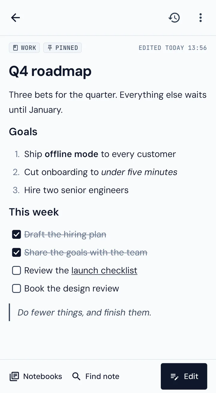 A note with headings, a numbered list, a checklist and a quote