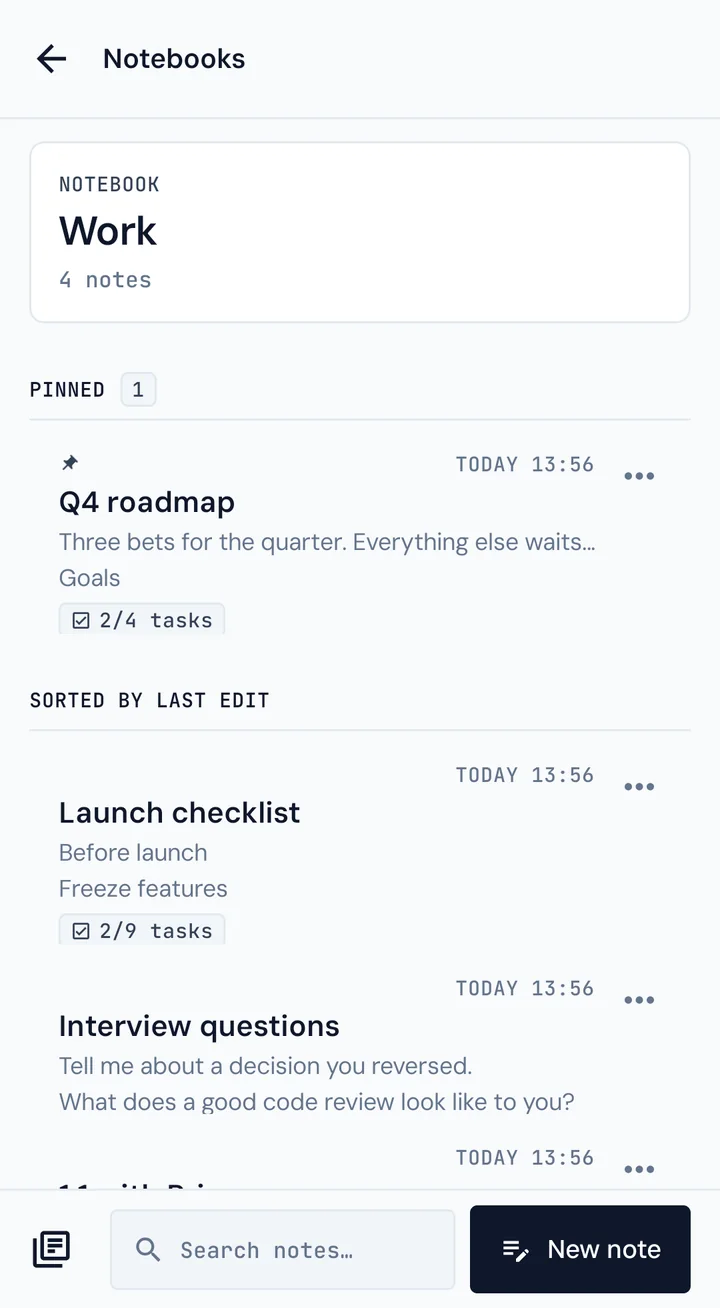 The Work notebook with a pinned note and notes sorted by last edit