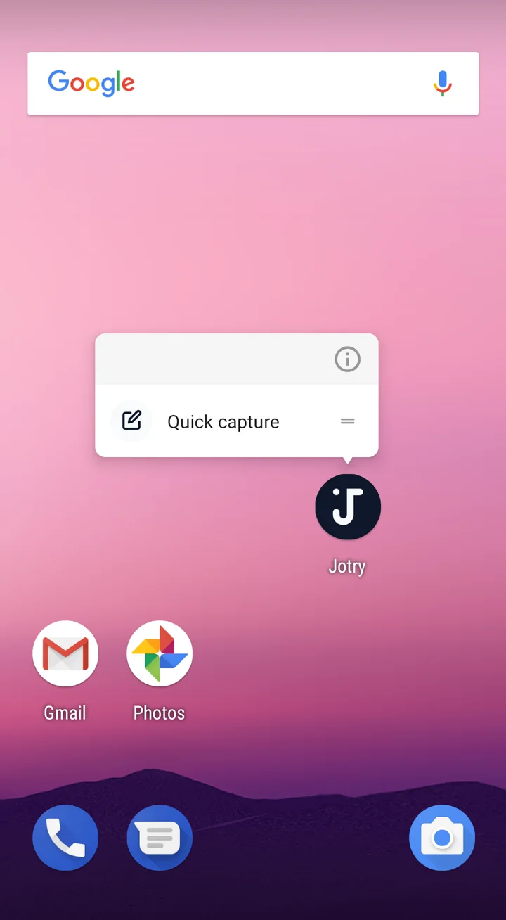 Long-pressing the Jotry icon shows Quick capture
