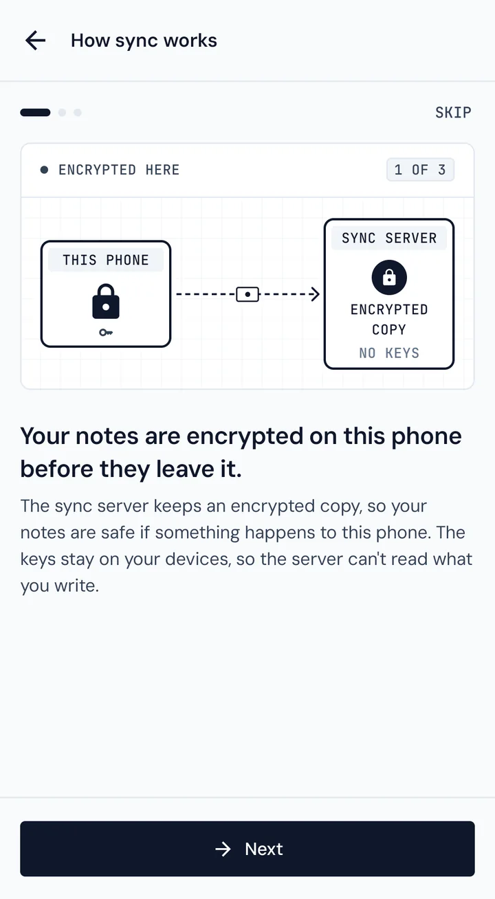 How sync works: notes are encrypted on this phone before they leave it