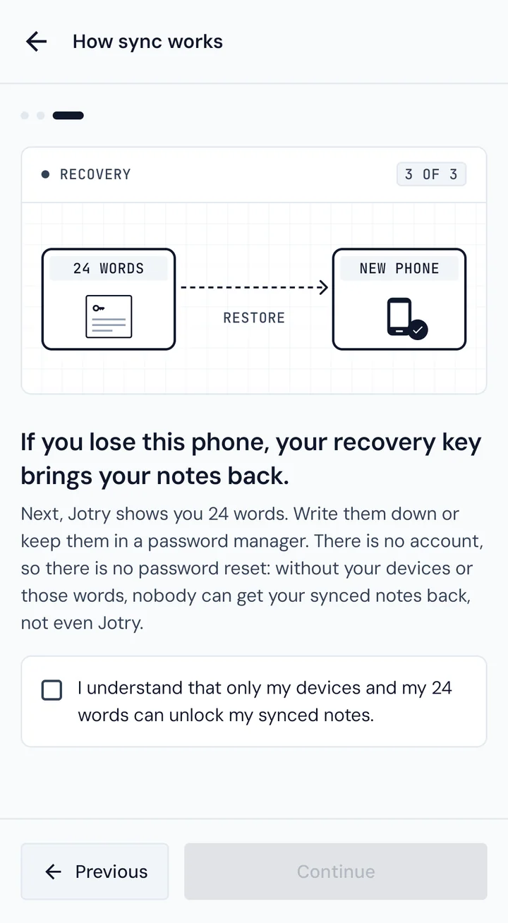Page 3: your recovery key brings your notes back
